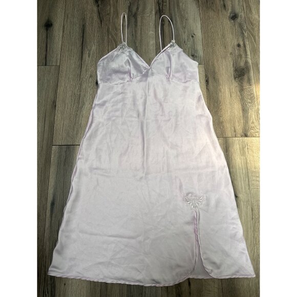 Vintage Cira Lilac Satin-Feel Nightgown With Embroidered Detail & Spaghetti Stra - Picture 1 of 10